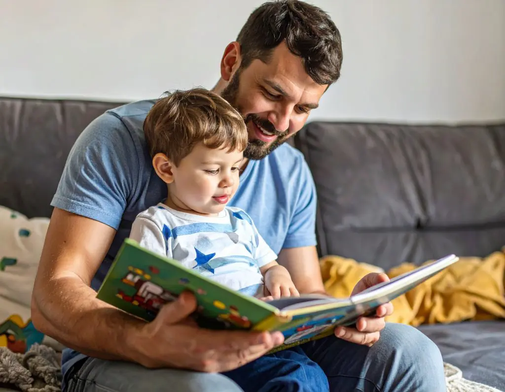 Father and year old son reading a book together on a sofa.