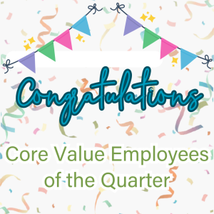 white background with faded confetti, blue words "congratulations" below it green words "core value employees of the quarter"