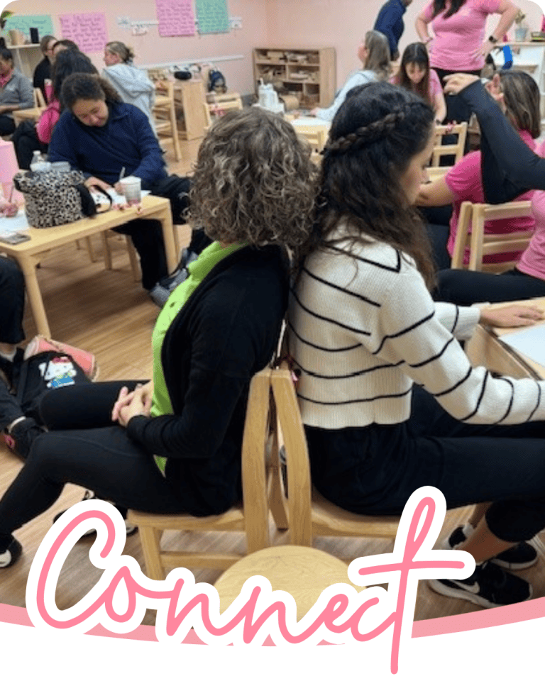 a room of early childhood educators during a professional development day and the word connect in pink script font below