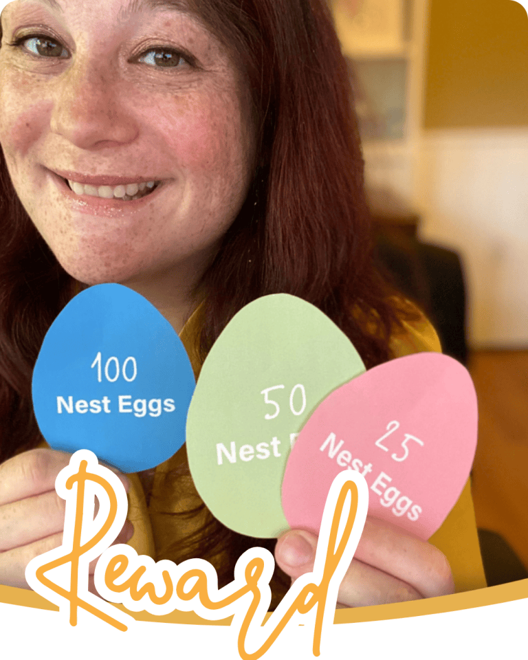 image of a woman holding up 3 egg shapes pieces of paper and the word reward in orange script font below