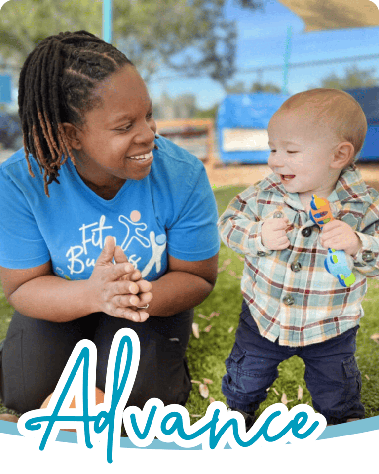 a woman and toddler smiling at each other with the word advance in a blue script font below